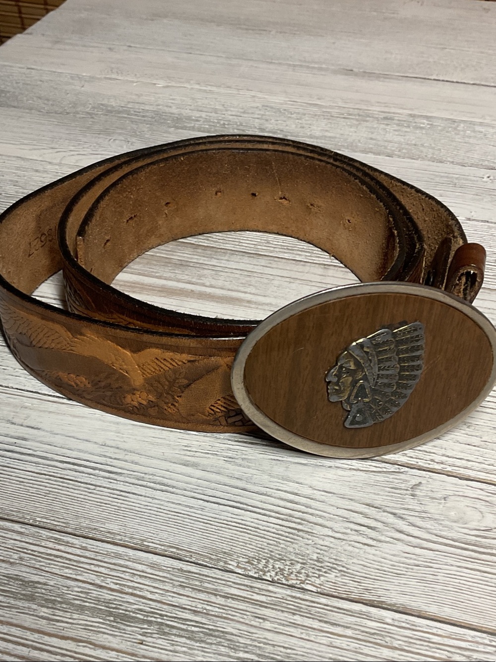 Leather Western Belt with Decorative Eagle and Native Chief Buckle - Brown